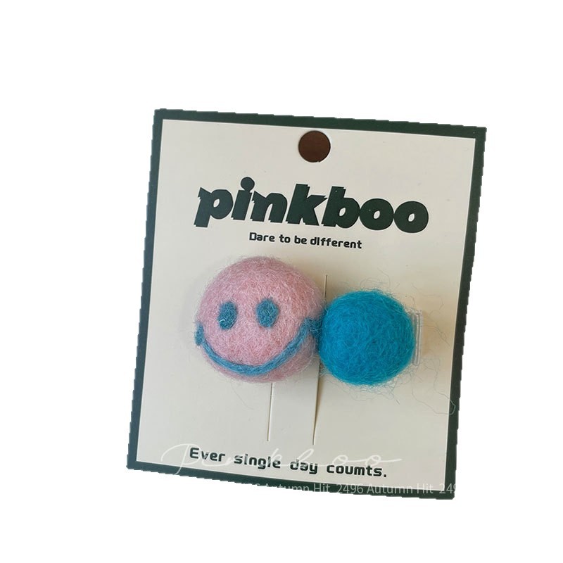 New Korean-style autumn wool felt handcrafted hair clips, children's sweet smiling faces, side bangs clips, elastic hair bands, pinkboo smiling face pom-ball hair accessory set, colorful hair clips, hair bands, cute and energetic daily life Item Picture
