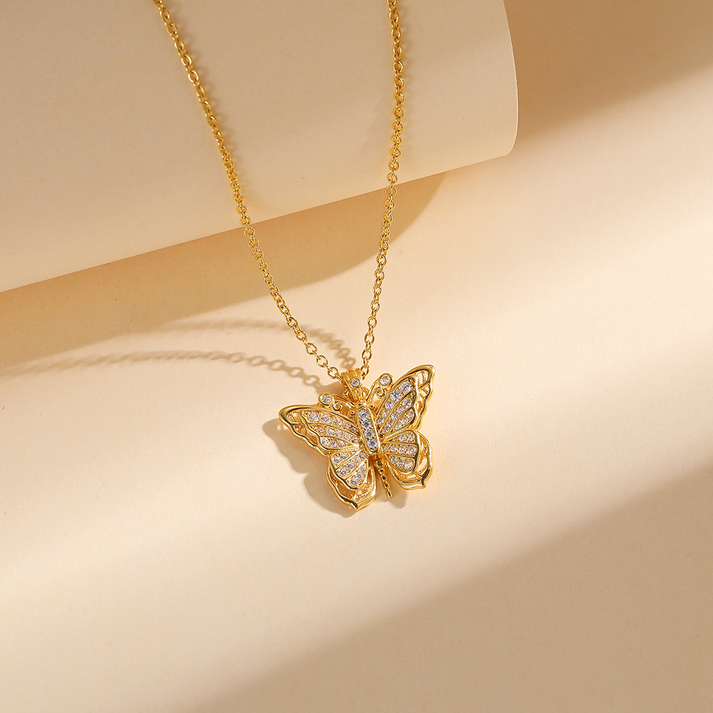 s925纯银古法锆石蝴蝶满钻毛衣链复古轻奢双层立体吊坠女银项链