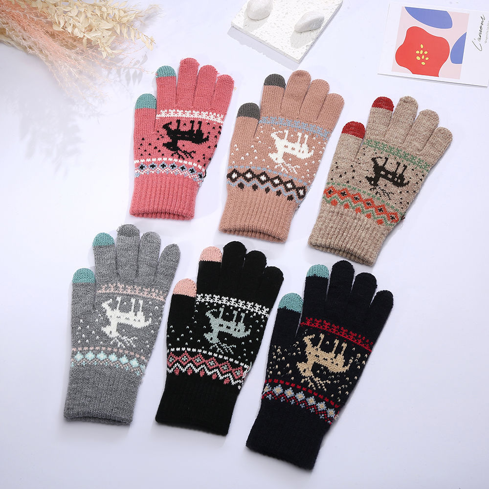 Knitted touch screen gloves, couple gloves for men and women, autumn and winter Korean version deer jacquard versatile cold-proof and warm cross-border gloves