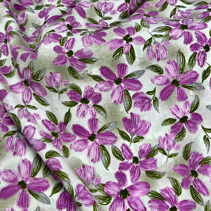 精品平纹一品皱印花连衣裙面料 外贸女装休闲裤子桃花皱饰品布料 Application Scenario