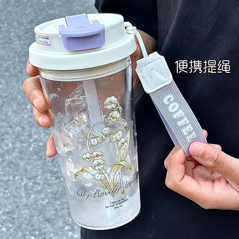 The new Lily of the bell water cup is a high-appearation-level plastic cup with a handle, a large-capacity, high-temperature resistant three-drinking straw cup for home use Specification image