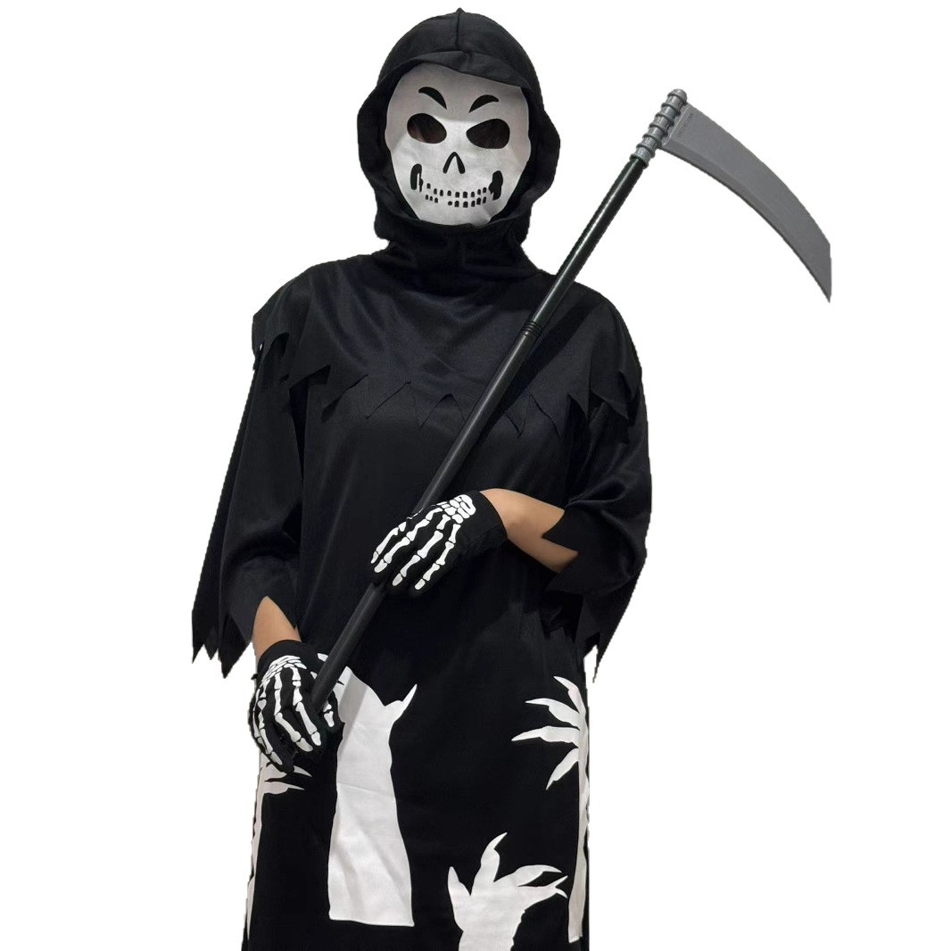 欧美跨境万圣节儿童派对cosplay服装黑袍死神装扮骷髅架角色扮演白底实物图