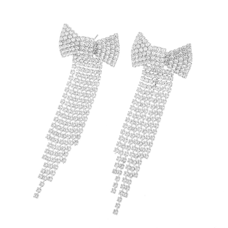 Cross-border Korean version elegant and stylish bow tassel rhinestone earrings, European and American fashion light luxury banquet full rhinestone earrings Specification drawing