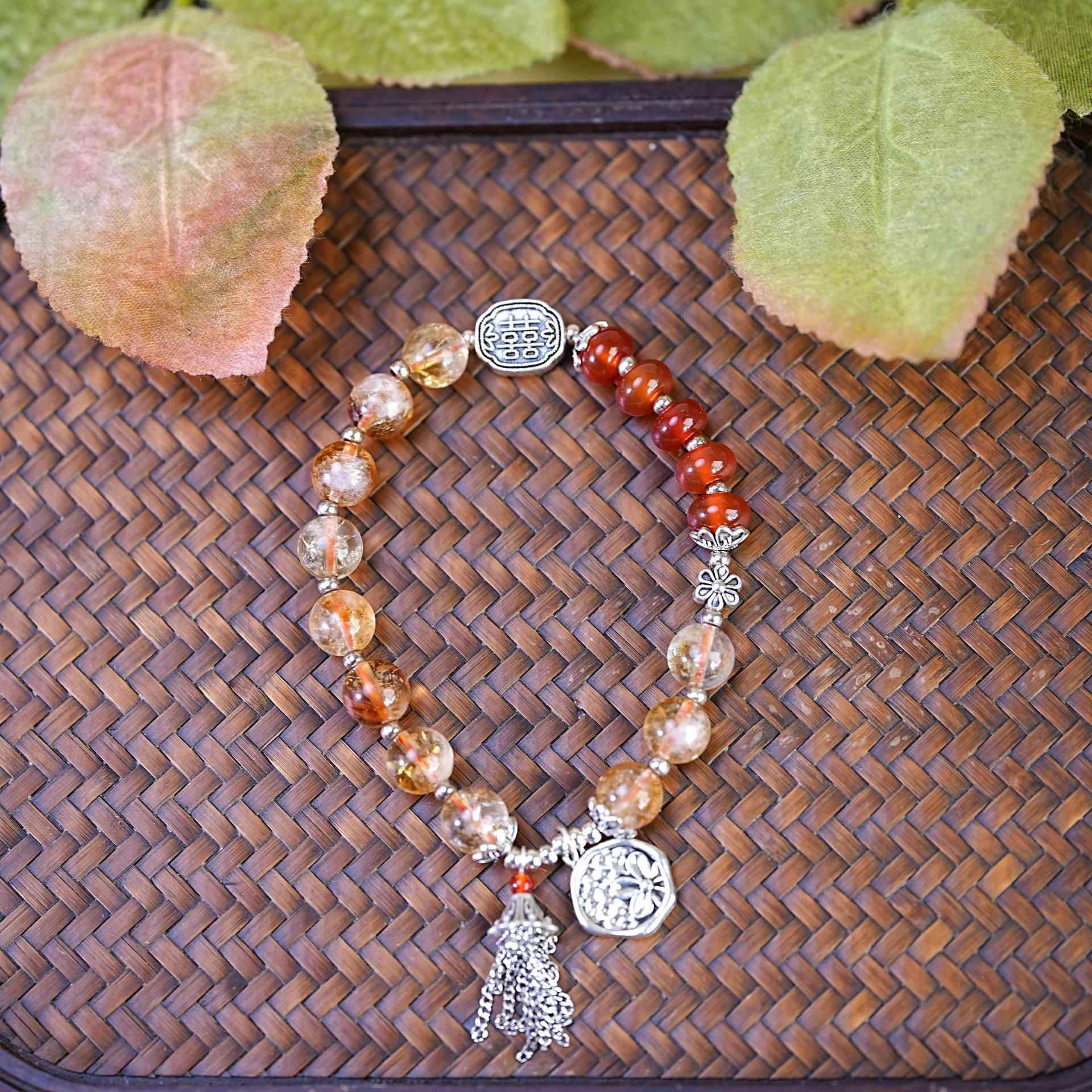 黄塔晶水晶手链串珠女新中式复古纯银吊坠红玛瑙文玩手串饰品批发