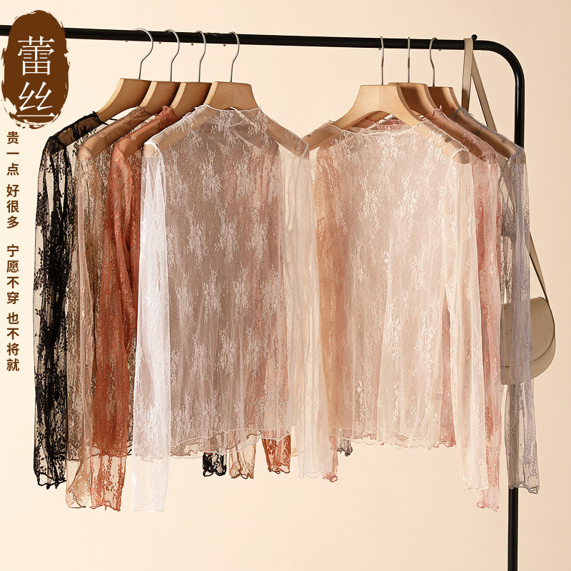 2020秋冬蕾丝打底衫女长袖半高领内搭镂空雪纺洋气性感网纱上衣