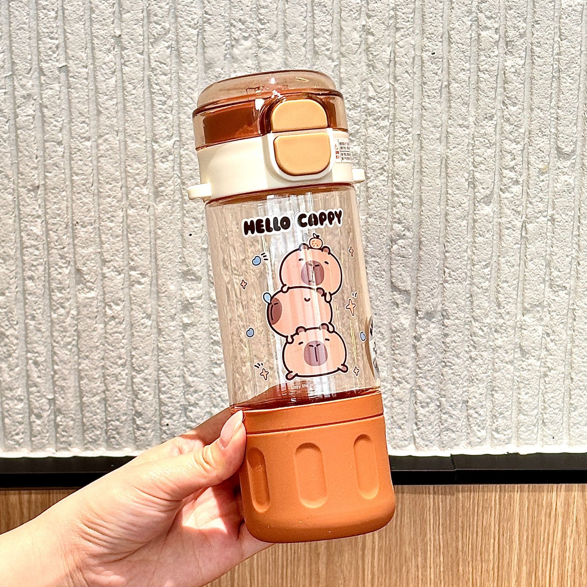 Capibala double-drinking plastic cup, convenient pop-up lid water cup, cartoon children's creative straw cup, girls' portable cup Item Picture