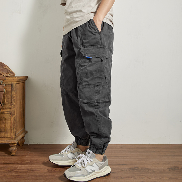 American workwear pants for men in autumn and winter are versatile, loose, large-sized washed, multi-pocket Harem pants and trendy tight-fitting casual pants details Picture