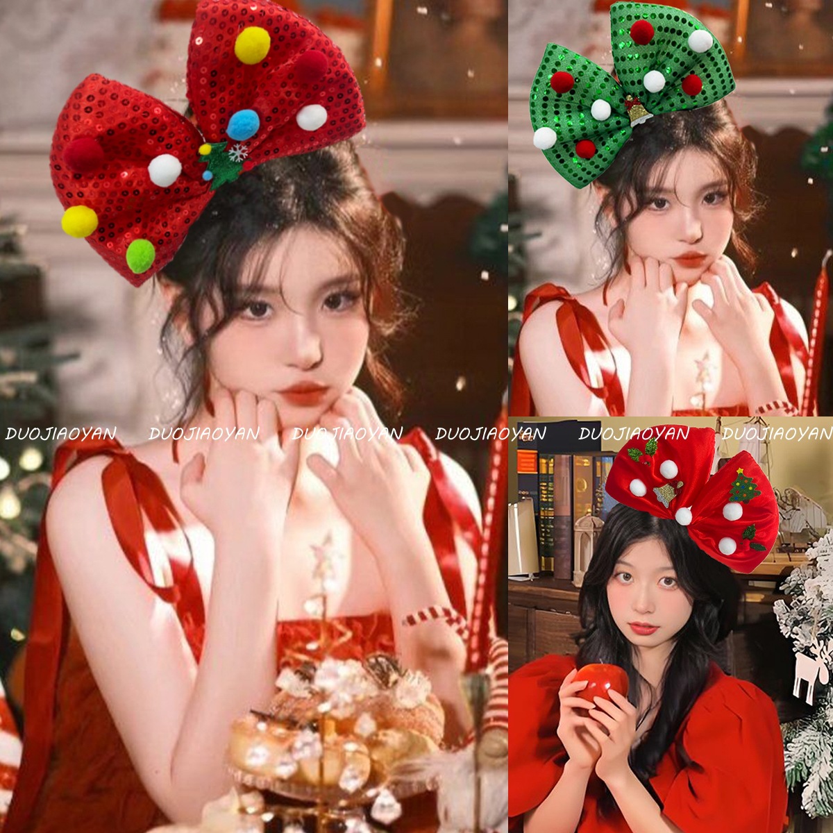 A new, oversized and exaggerated red bow headband, a three-dimensional and sweet hair accessory, and a green Christmas photo headband for women details Picture
