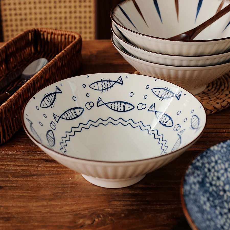 Japanese ceramic ramen bowls, household 8-inch large bowls, horn bowls, fruit bamboo hat bowls, ramen bowls, instant noodle bowls, shop