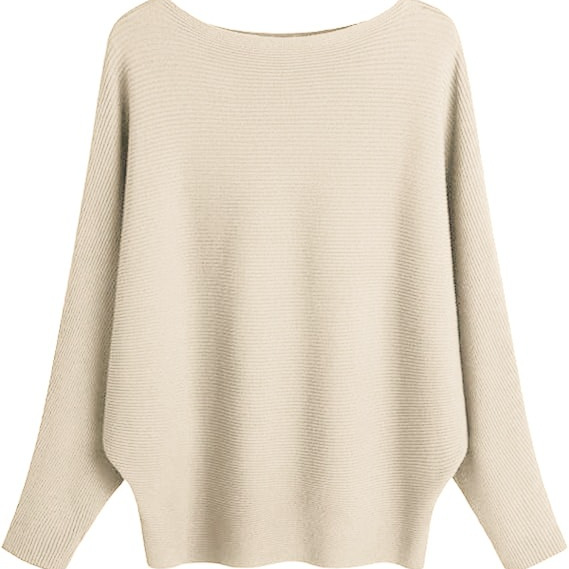 A loose knitted sweater with a one-shoulder collar and bat sleeves in stock. It's a great recommendation for women. You can come and buy it Item Picture