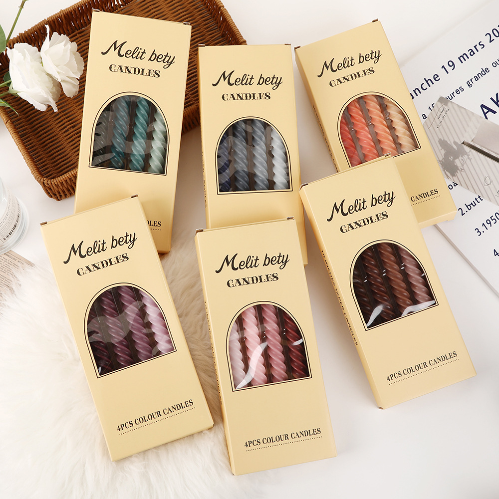 莫兰迪渐变彩色螺纹长杆蜡烛批发家用浪漫婚礼装饰螺旋杆蜡跨境