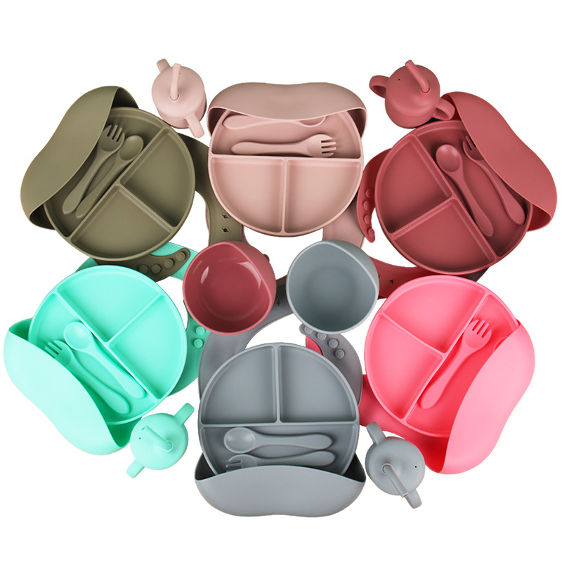 儿童餐具喂养套装婴儿硅胶碗叉子勺宝宝辅食碗餐盘食品级硅胶餐盘