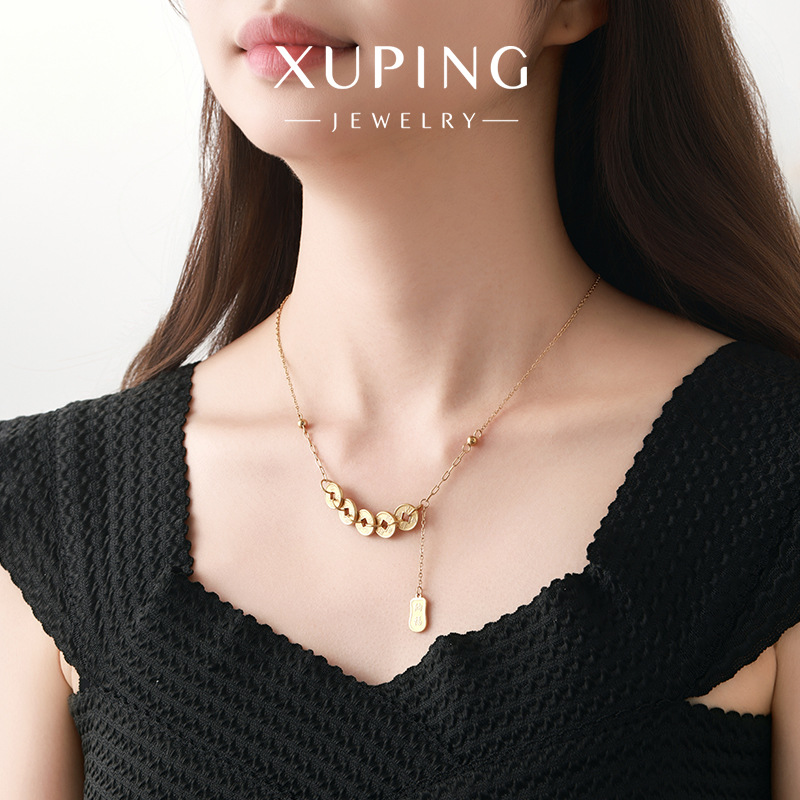 Xuping stainless steel imitation gold copper coin tassel Fu character pendant necklace for women, retro new Chinese style collarbone chain for women Specification image
