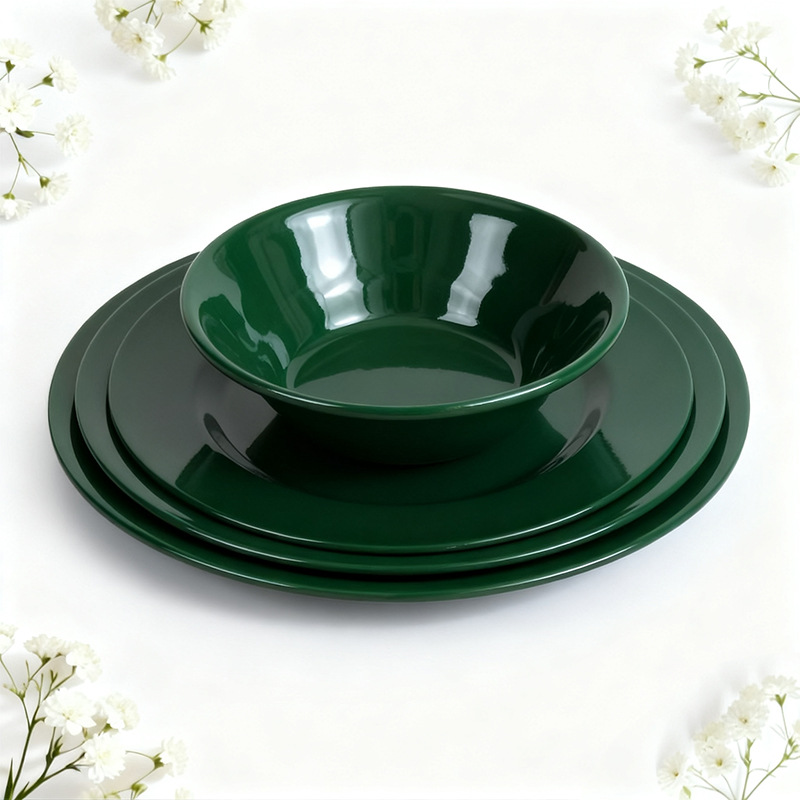 Foreign trade dark green plastic snack round plates, stir-frying plates, unbreakable cold dish plates, high-quality new models, OEM Specification drawing