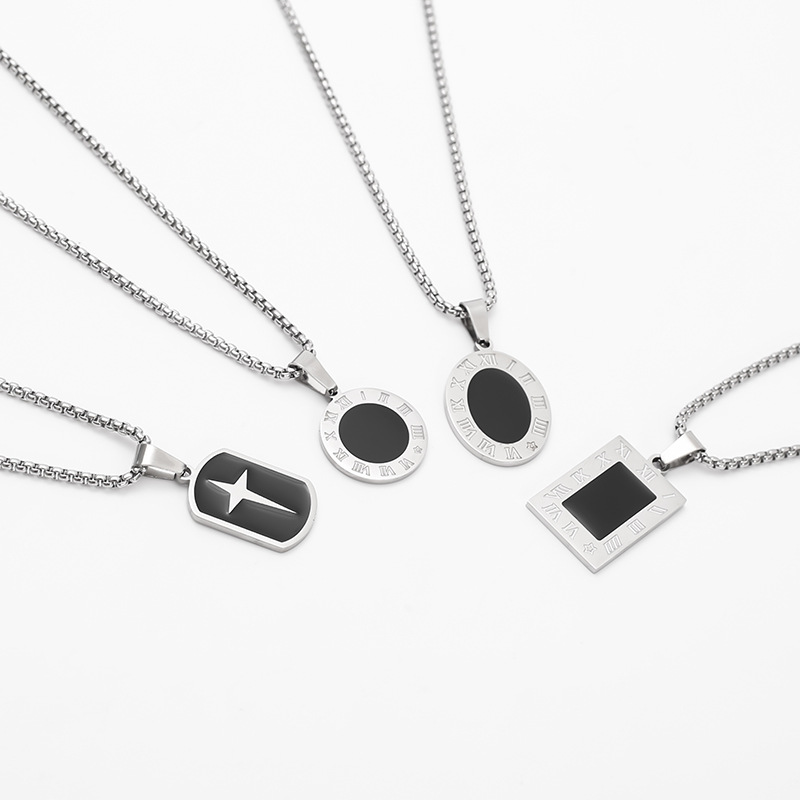 European and American jewelry titanium steel black oil-dripping pendant, unique punk retro trendy men stainless steel square pendant details Picture