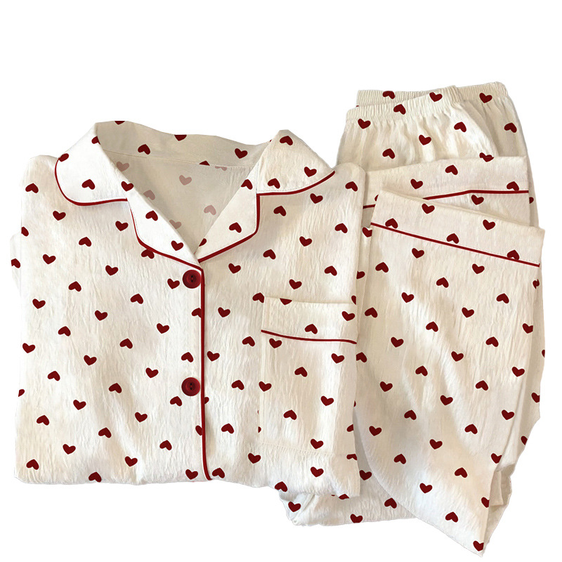 Gentle style girl's heart-shaped cardigan pajamas can be worn outside. Spring new wrinkled fabric home wear long-sleeved set wholesale Item Picture