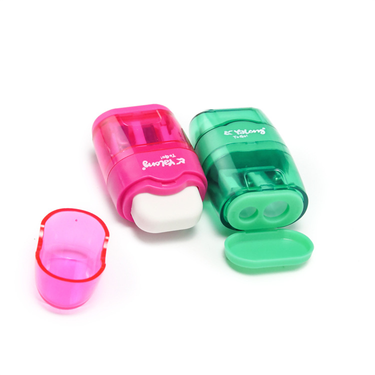 The fancy plastic pen sharpener features a double-hole color design and is multi-functional, serving both as an eraser and a pencil sharpener details Picture