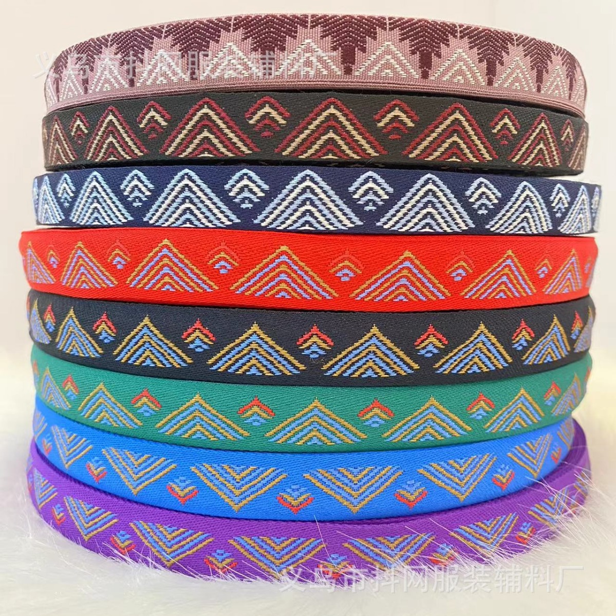 Wholesale of 1.5cm-1.6cm triangular pattern ethnic style embroidered jacquard ribbons and bow webbing