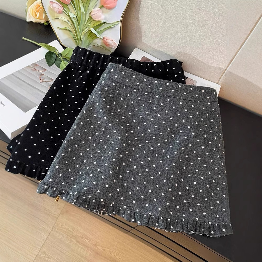 韩系穿搭灰色波点花边毛呢半身裙女秋冬款高腰a字包臀短裙小个子