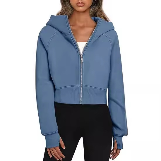 2025 European and American cross-border women's clothing Amazon hooded zipper short casual fleece long-sleeved sweatshirt Specification drawing