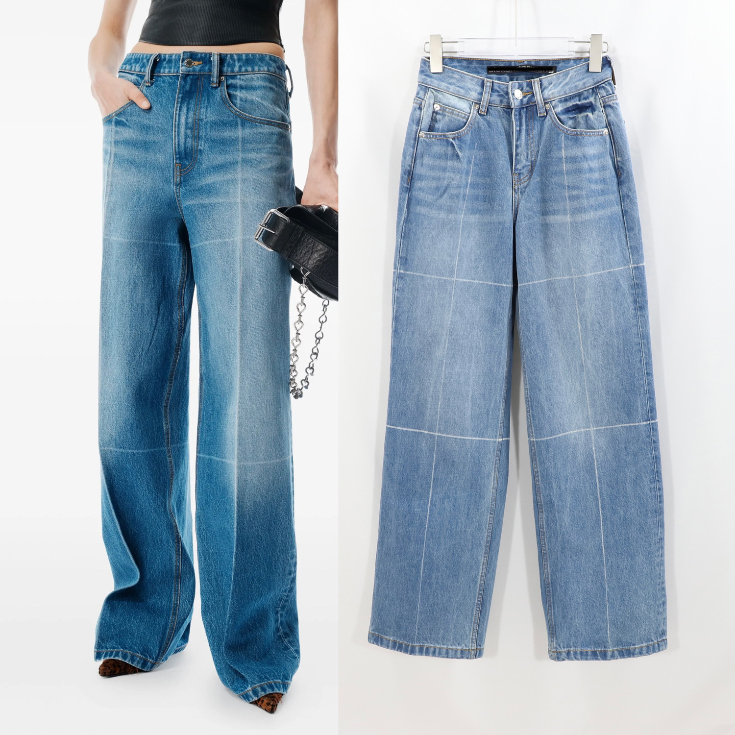 A.W蓝色牛仔裤女烧花高腰直筒宽松阔腿长裤女欧美风2025秋冬新款