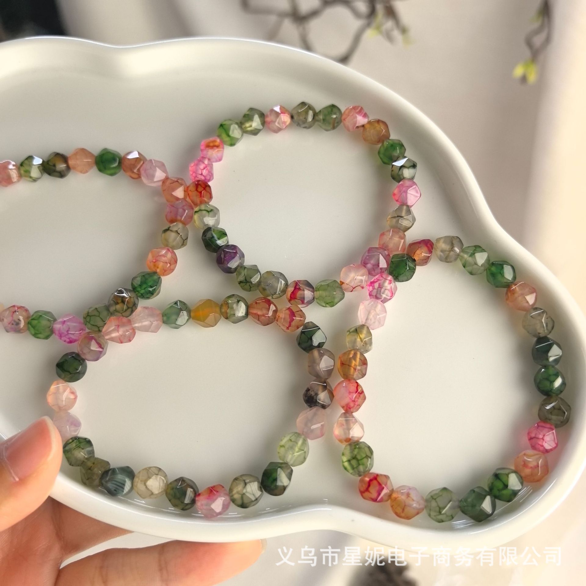 Natural stone seven-color dragon pattern agate chalcedony bracelet, diamond-shaped beads diamond surface bracelet, loose beads diy bead bracelet necklace, national trend Item Picture