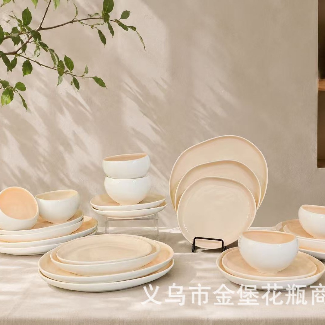 Japanese-style minimalist off-white inner glazed ceramic bowl and plate set, high appearance level, household soup bowl, oval fish plate, Western cuisine plate and platters details Picture