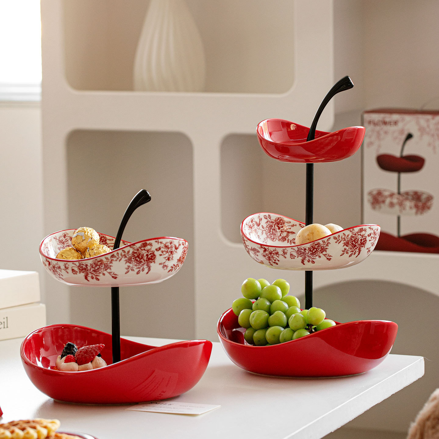 简约陶瓷双层多层水果盘客厅茶几收纳盘前台糖果盘零食摆放串盘