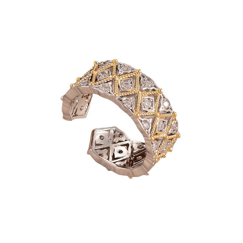 Fashionable zircon rhombic ring for women, retro geometric style, hollowed-out gold and silver color contrast, high-end light luxury open ring jewelry Item Picture