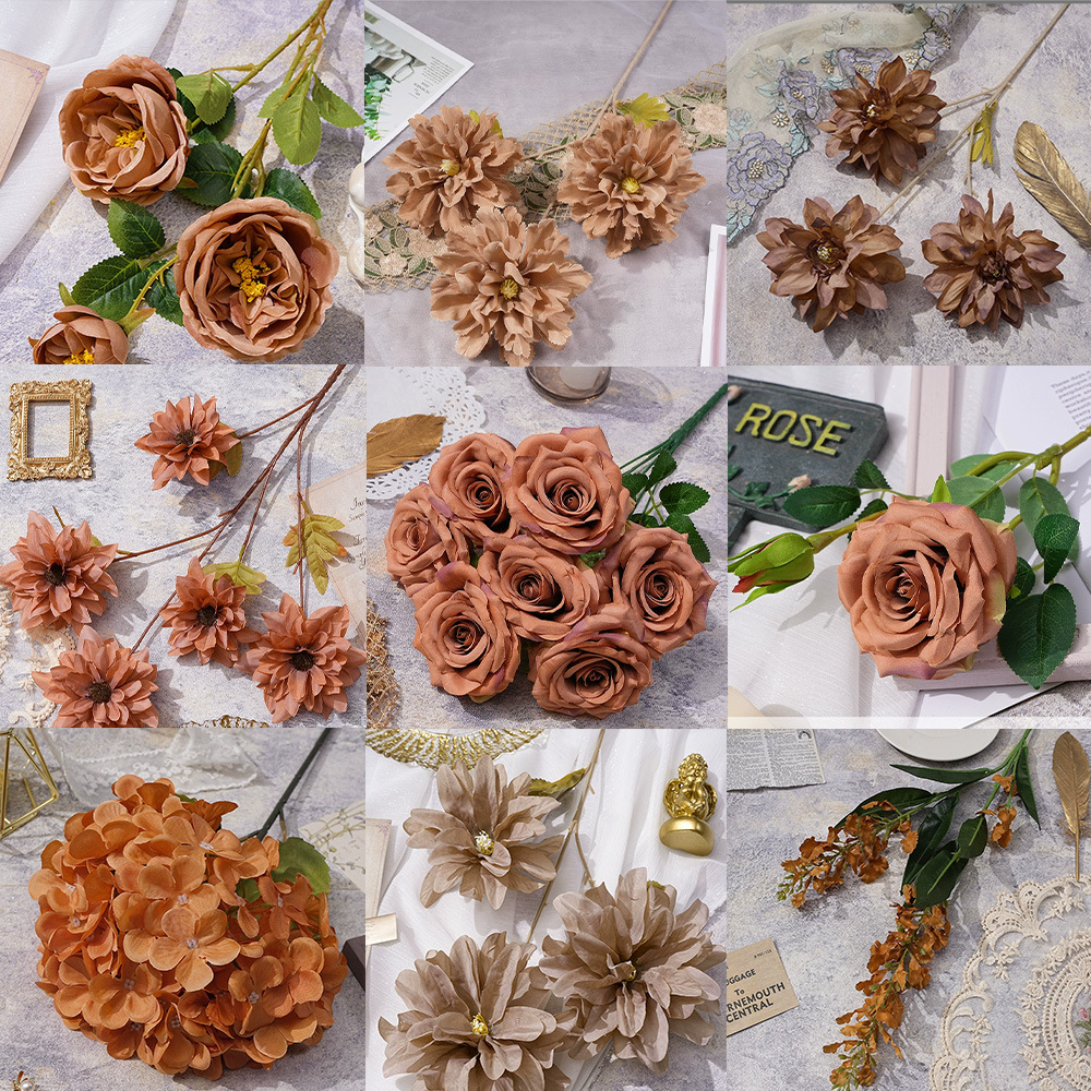 咖色系仿真婚庆婚礼堂布置路引假花装饰焦糖色莫奈花园之窗花艺