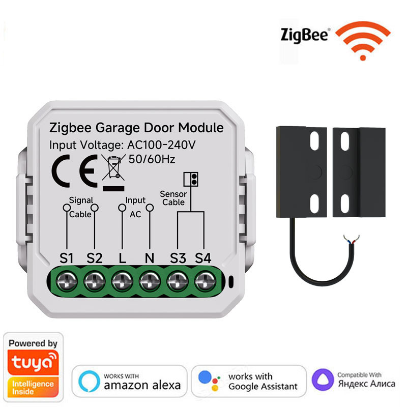The intelligent wifi/zigbee garage door module switch is voice-controlled for remote timed opening and closing of the roller shutter door