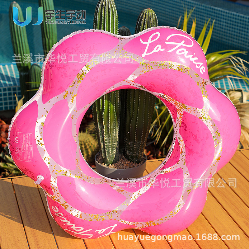 现货花瓣泳圈 亮片充气加厚儿童游泳圈 粉色花朵半透明腋下圈批发