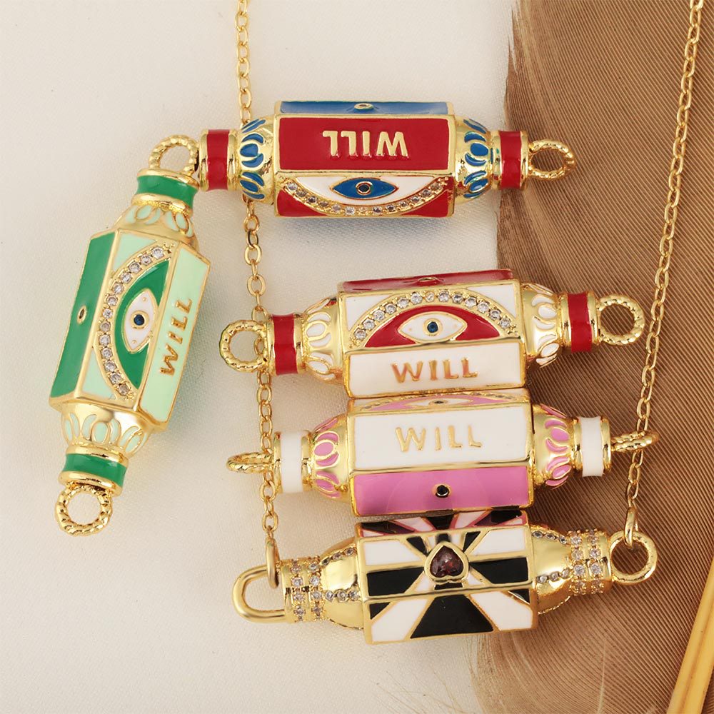 Cross-border 18K gold-plated zircon hexagonal oil-dripping Devil's Eye letter pendant bracelet necklace diy accessory