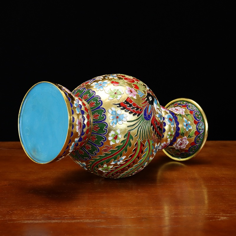 Beijing Jingtai Blue Vase Ornament, Craft Gift, Cloisonne enamel filigree silver Blue 15-inch Dragon and Phoenix Presenting auspiciousness Mushroom Vase Specification image