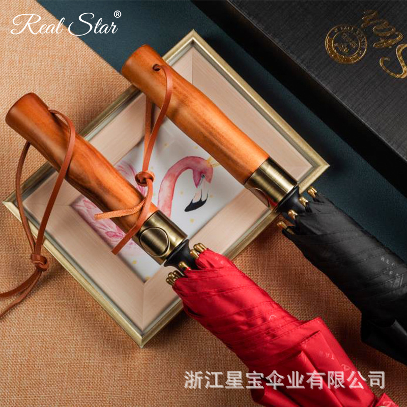 REAL STAR solid wood handle business 27-inch golf printed 210T straight pole umbrella available in stock details Picture