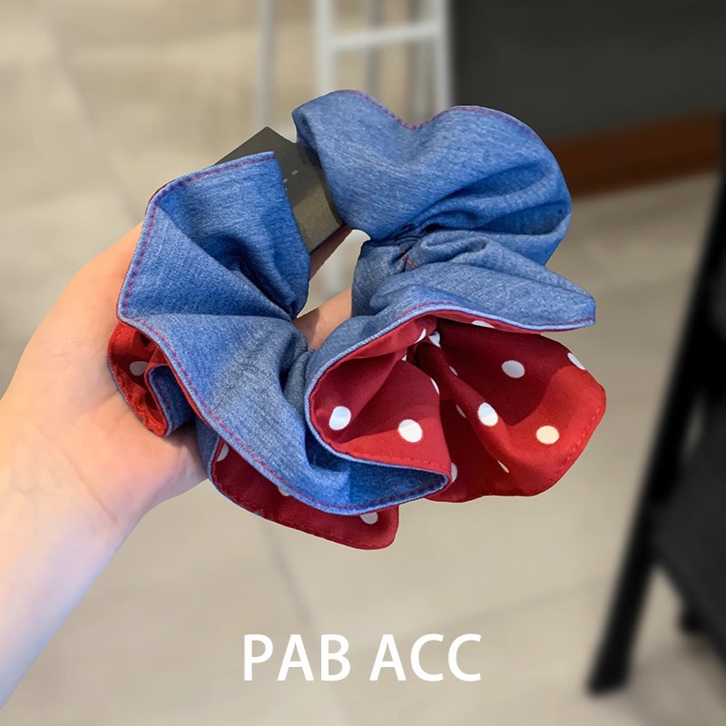 High-end AB side denim blue polka dot pleated fat intestine band double-layer hair binding three-dimensional durable leather band hair band purchased through a Korean agent details Picture