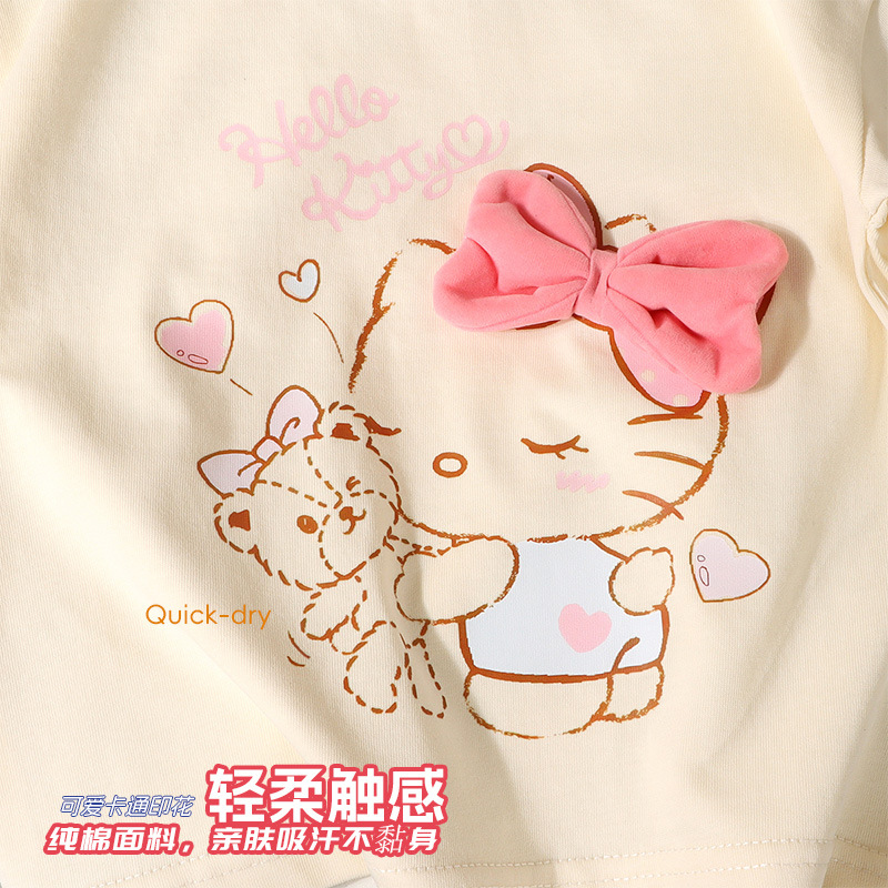 Children's summer short-sleeved set, girls' T-shirt, cartoon pure cotton polka dot pants, Korean version girls' sweet clothing wholesale a Specification image