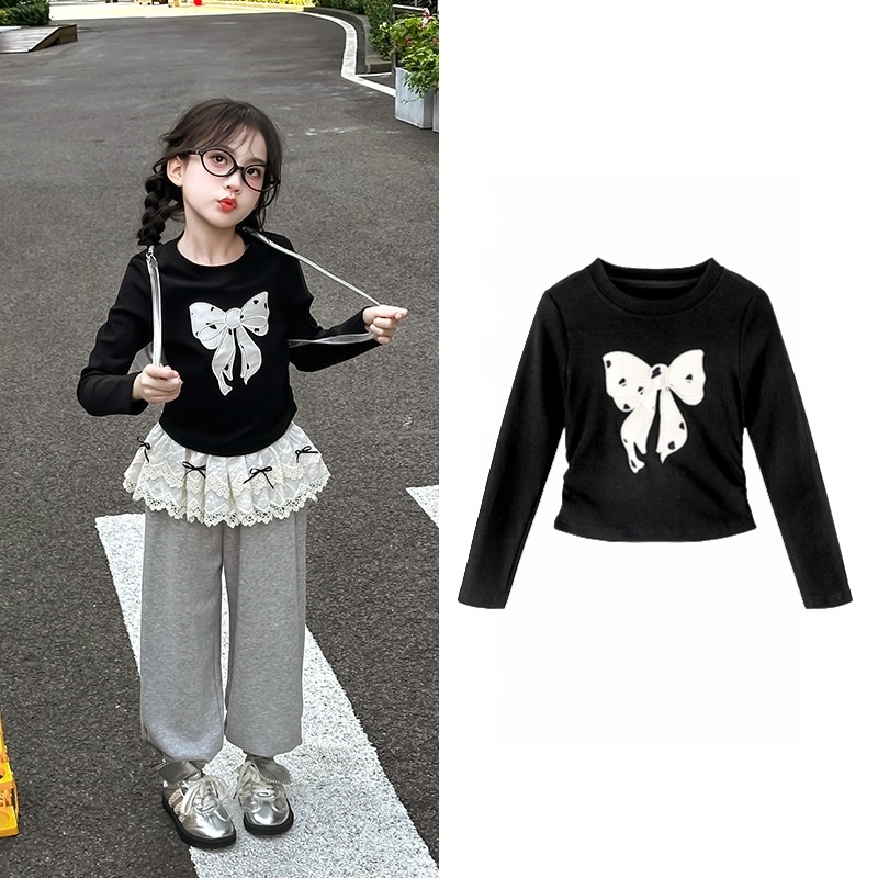 AINI Girls' autumn collection bow base shirt New versatile children's top Stylish girls' autumn and winter long-sleeved T-shirt Item Picture
