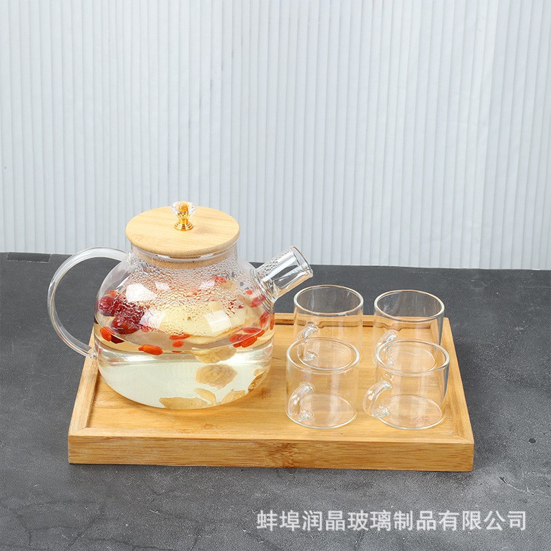 High borosilicate bamboo lid cold water kettle, household large-capacity glass kettle, ins water cup, thickened transparent teapot and cup set Specification image