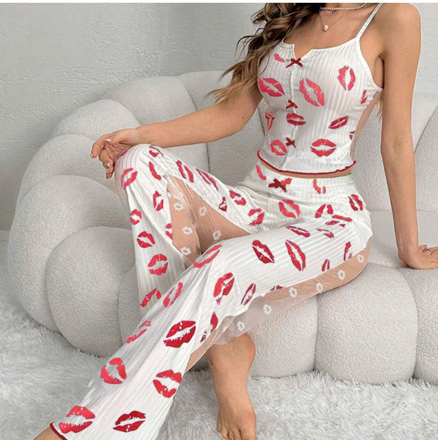 Cross-border European and American large-sized pajamas, summer women's thin short-sleeved and long pants, sexy and interesting sleeveless halter set home wear