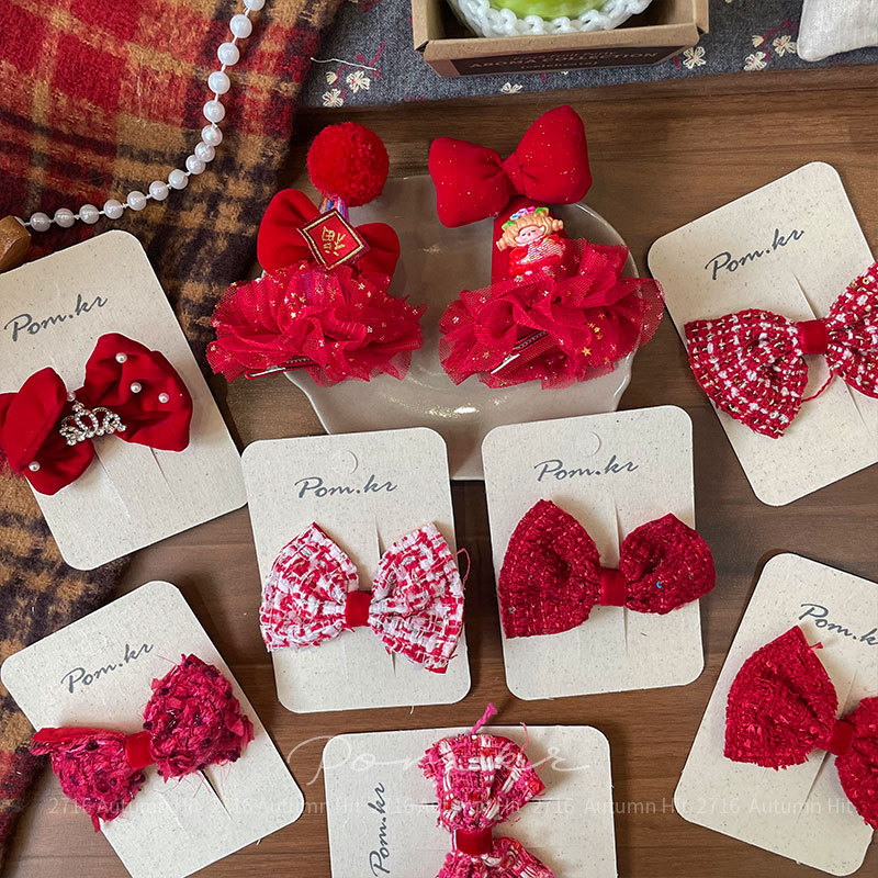 新款韩版红色系蝴蝶结发夹手工布艺儿童侧边碎发刘海夹甜美边夹女红色蝴蝶结发夹 毛呢网纱款带装饰 含皇冠玩偶 少女喜庆精致发