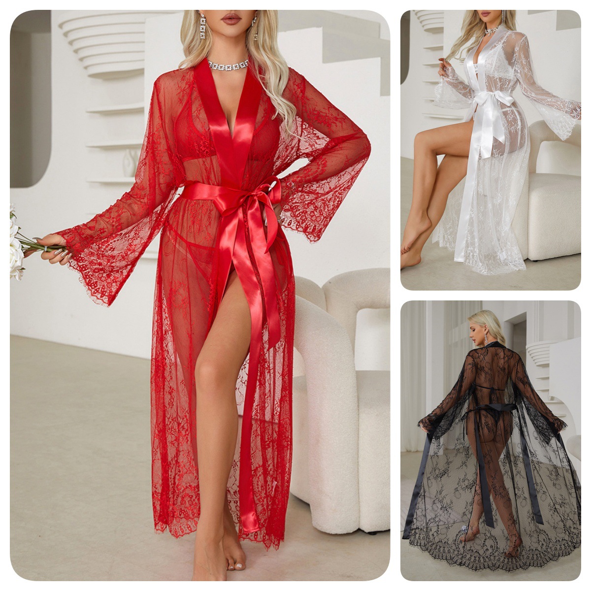 Sexy lace multi-color see-through mesh bathrobe with large flared sleeves and LACES, long bathrobe and home wear, 677