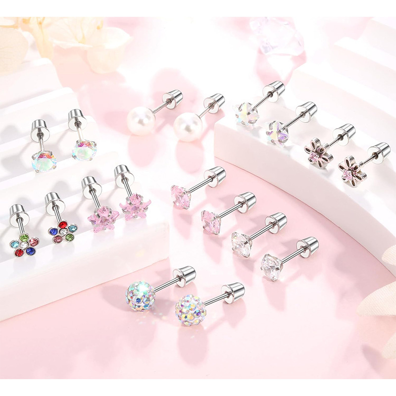 亚马逊热销新款12对一套的子弹头耳钉女士耳环儿童耳钉穿刺饰品细节图