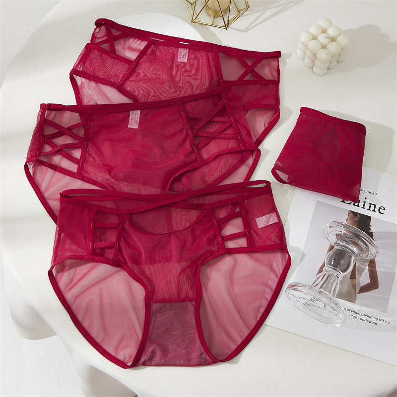 Sexy mesh underwear for women, breathable and comfortable, with fine straps, cross-cut, high-elasticity and high-waisted, large-sized Ankara red underwear for women Specification image