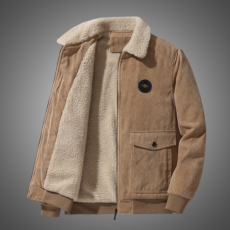 Corduroy lambskin jacket for men, loose, fleece and thickened casual lapel jacket for winter Application Scenario
