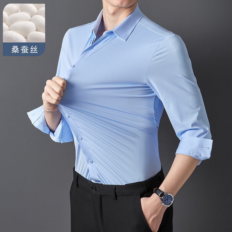 Spring and Autumn's new mulberry silk shirt for men, long-sleeved, high-elasticity, wrinkle-free and light luxury business casual cross-border shirt
