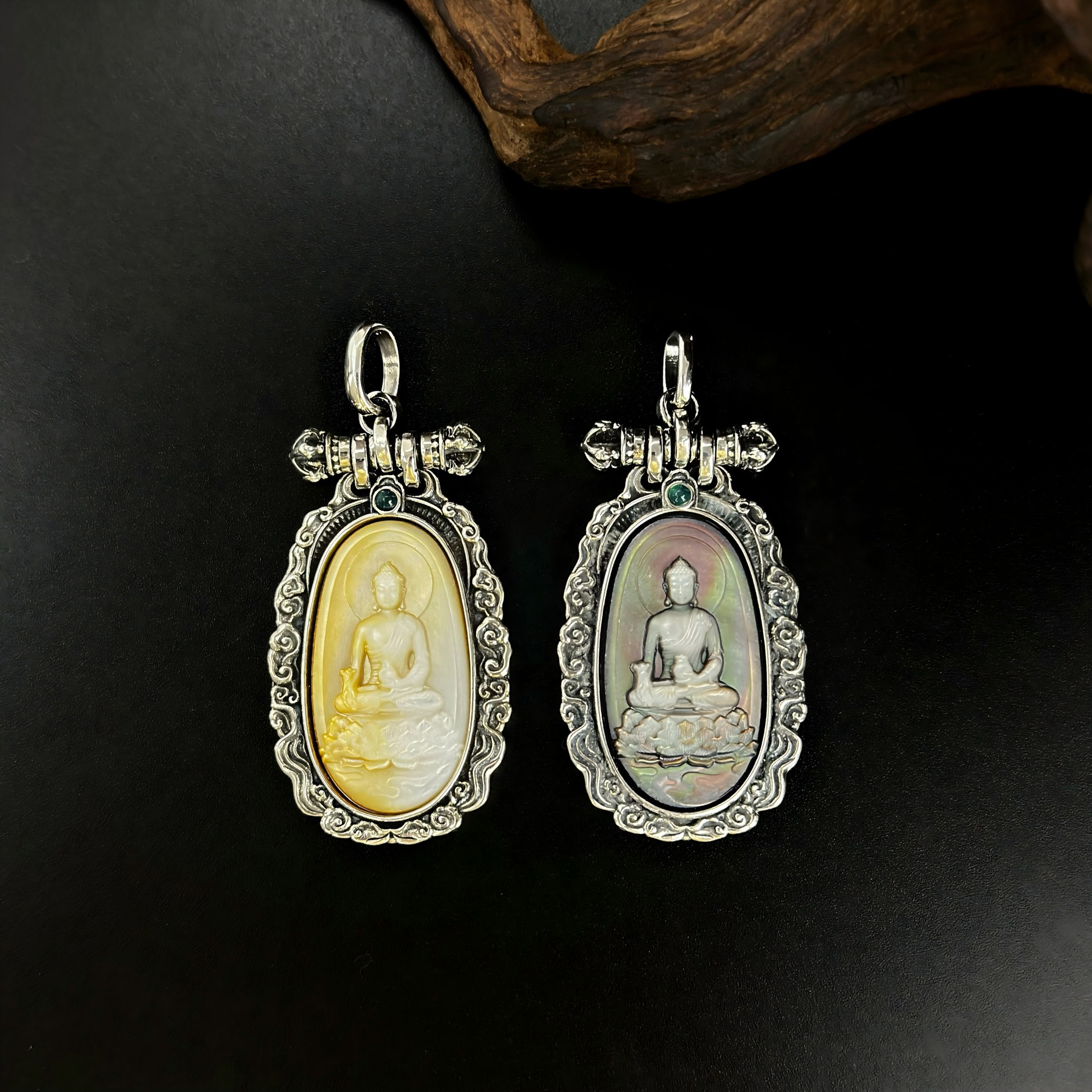 S925纯银天然贝壳雕刻药师佛吊坠时尚百搭高级祥云民族风项链挂坠