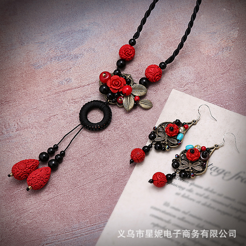 Retro ethnic style, new court-style earrings, alloy cinnabar Hanfu accessories, round face earrings, necklace