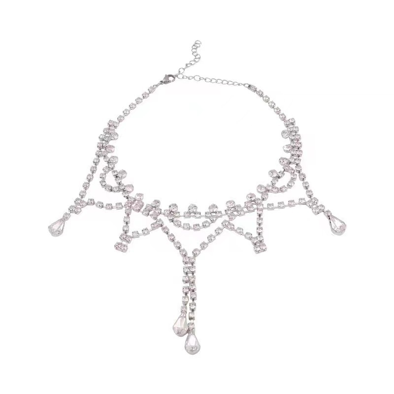 新品爆款新娘欧美跨境首饰批发璀璨水钻网红时尚银色套装项链耳环白底实物图