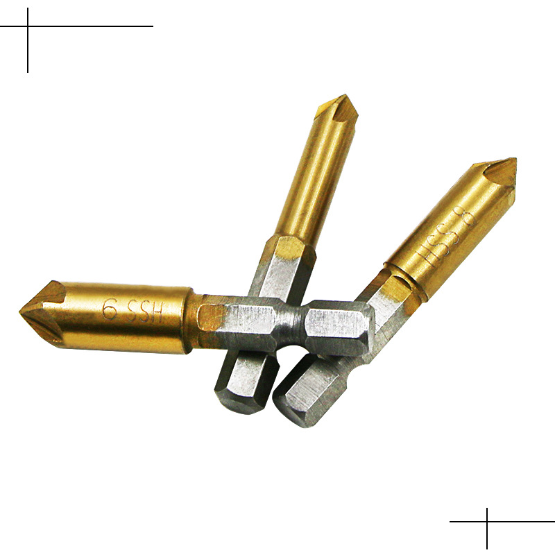 Woodworking five-edge chamfering tool, hexagonal handle, titanium-coated 6-19 set wholesale, 90-degree chamfering knife, drill bit deburring tool Specification drawing